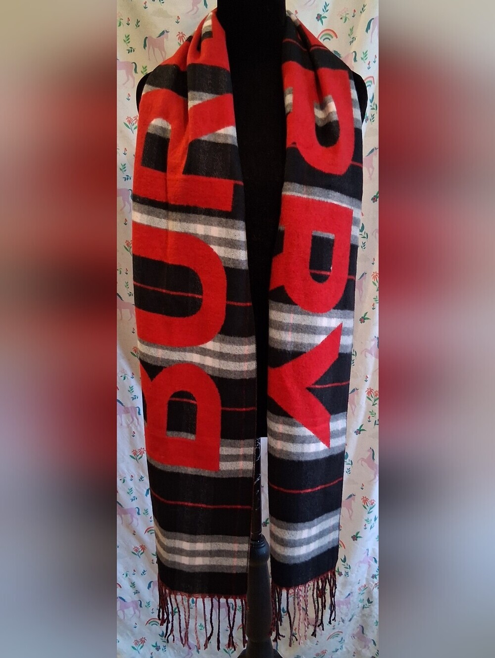 NWOT Burberry XL Red & Black Plaid Cashmere Stripe Logo Casual Unisex Scarf